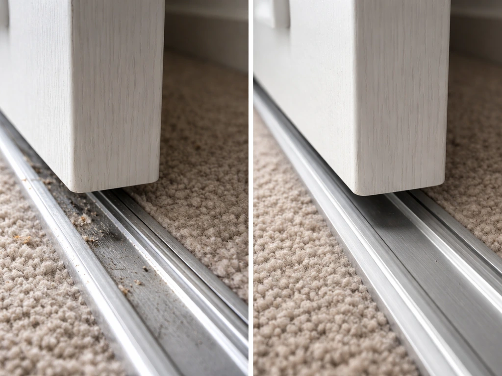 Split view of a sliding door track—left shows drag debris and a stuck door, right shows smooth gliding after adjustment.