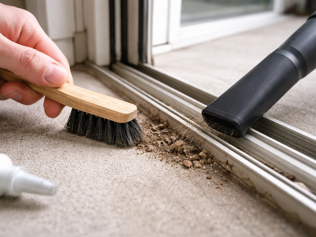 Lower patio door track being brushed clean, with dirt debris removed before lubrication.