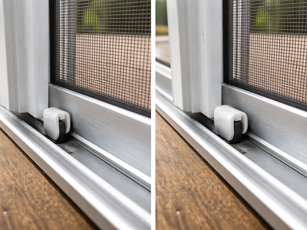 Close-up of a screen door’s bottom center guide aligned vs misaligned inside the track.