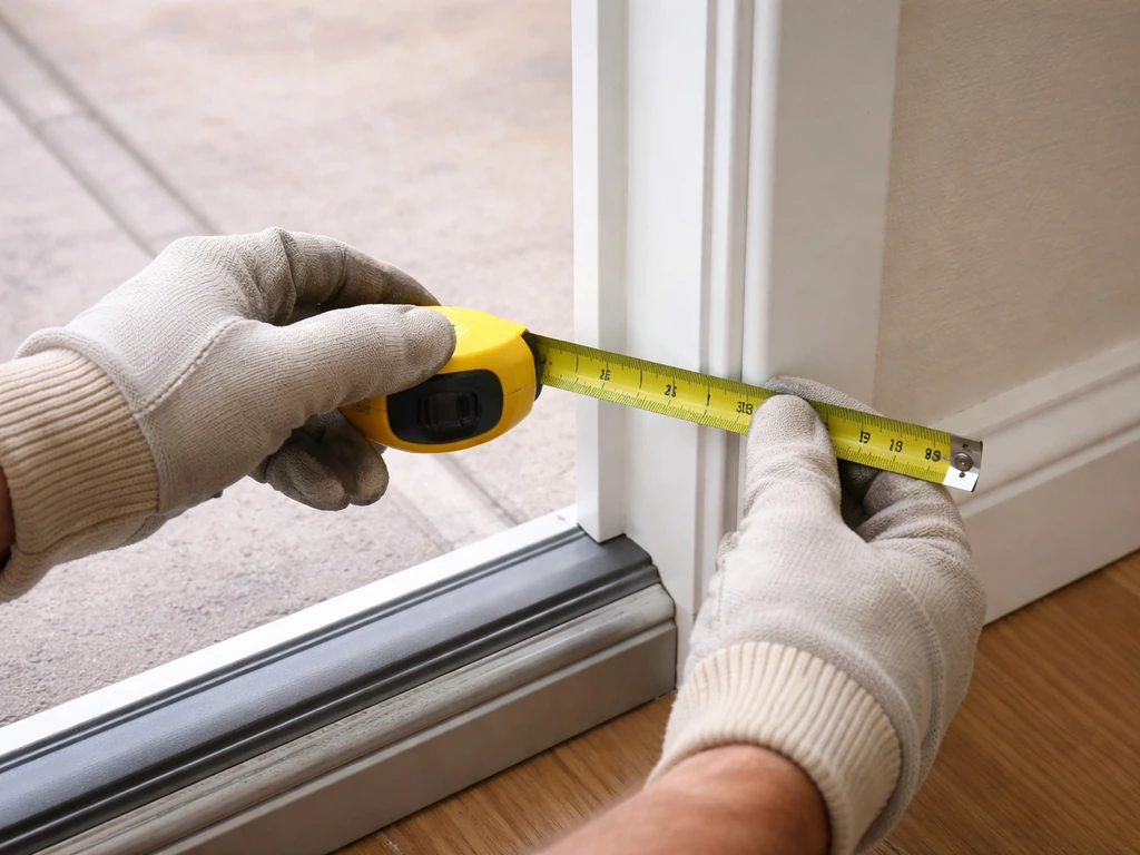 Gloved hands using a tape measure to mark latch strike height on a door frame and view the threshold area.