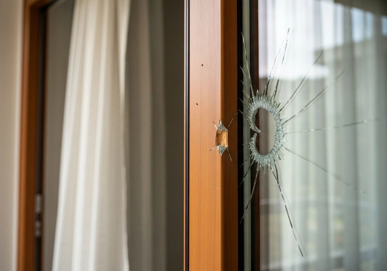 Close-up of a patio door area with cracked glass and splintered frame, showing damage risk from forced entry