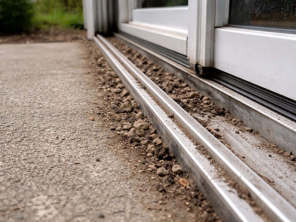 Close-up of a sliding patio door bottom track blocked by pebbles and debris preventing smooth movement.