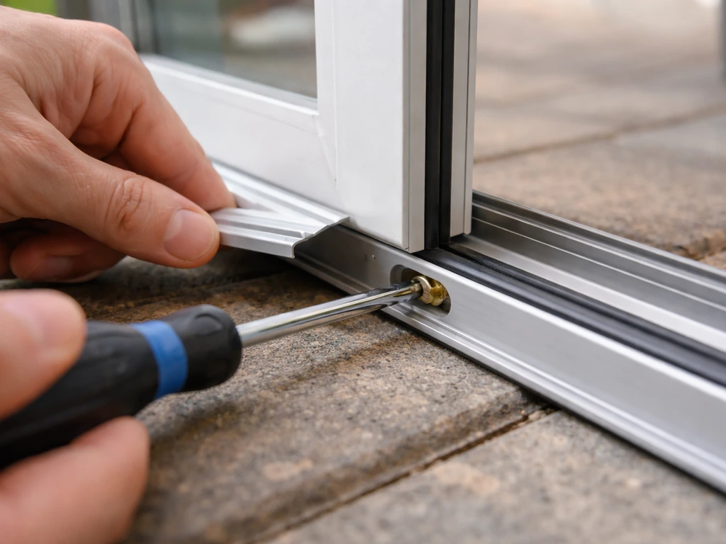 Close-up of hands turning roller adjustment screws through access holes on a sliding patio door bottom rail.