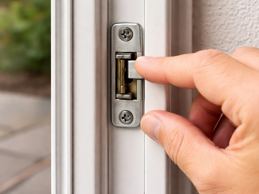 Close-up of a hinged patio door latch area with adjustable receiver tab aligned to improve engagement.