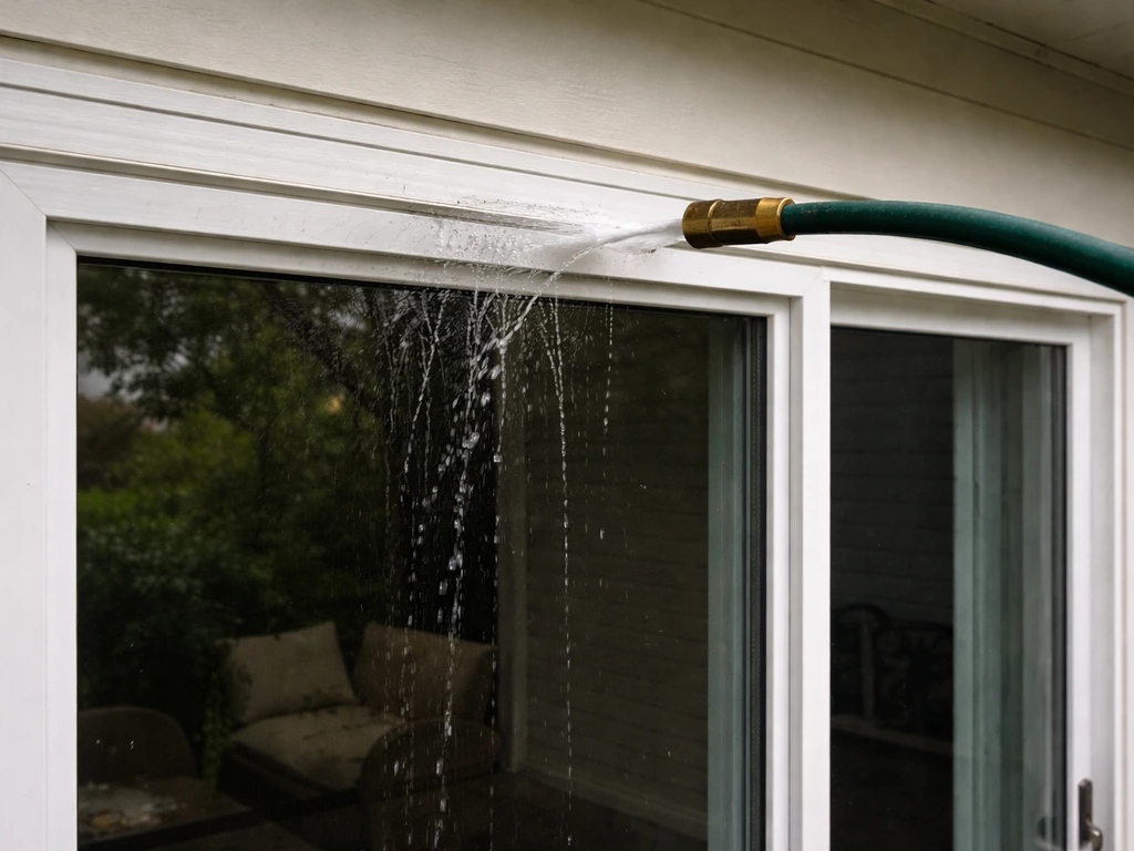 Garden hose stream aimed at the top of a closed patio door to check where water leaks in.