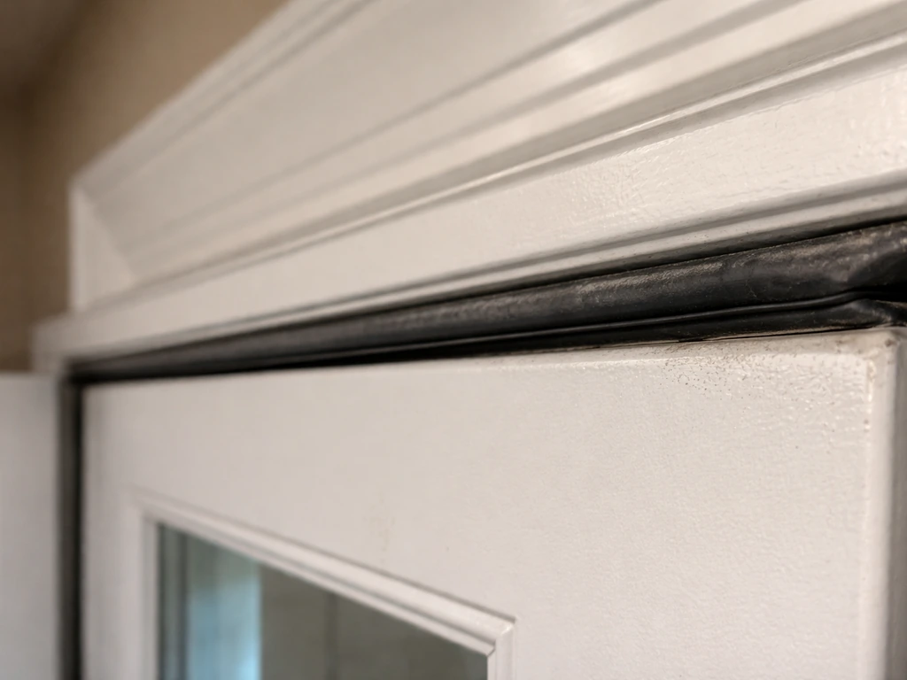 Close-up of flattened weatherstripping on a door head jamb with a visible sealing gap.