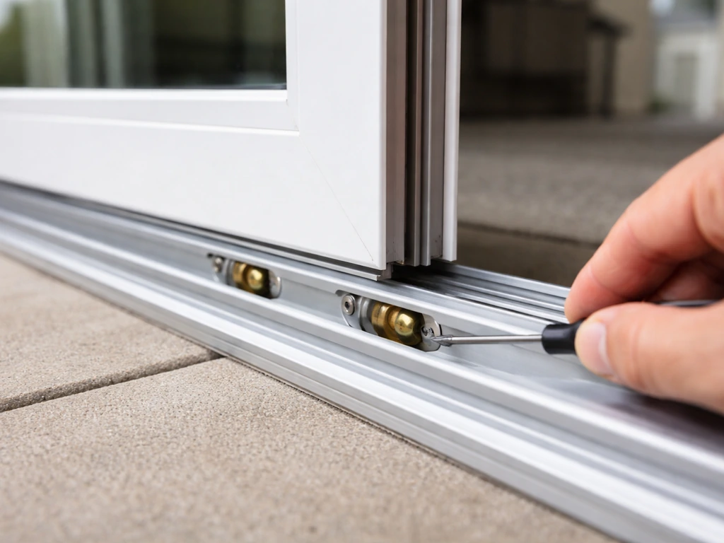 Close-up of a sliding patio door’s lower track and rollers with a screwdriver checking alignment gap.