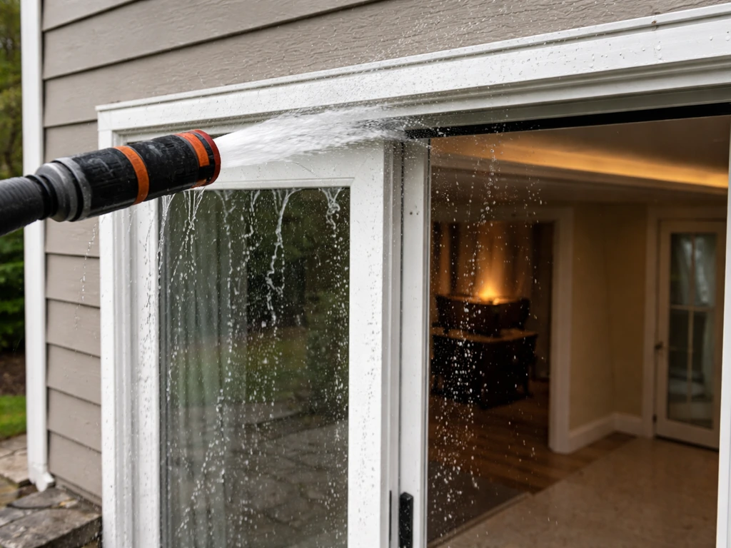 Garden hose spraying patio door exterior; water runs off while top seam stays dry inside.