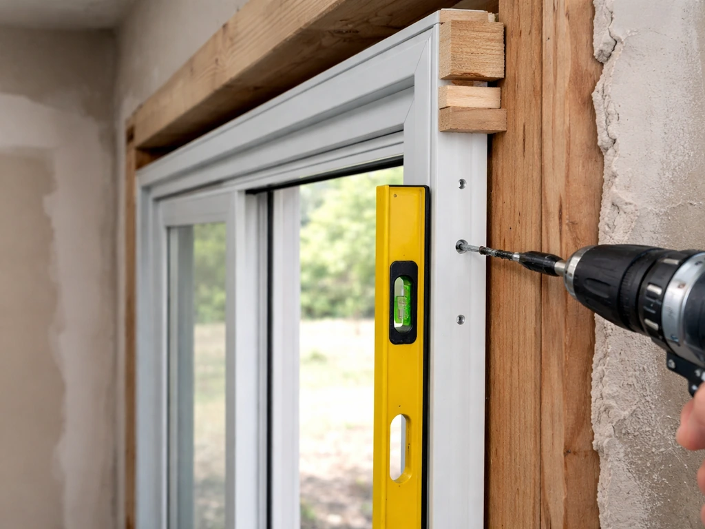 Close-up of installing a patio door frame, with shims and fasteners securing it in the rough opening.