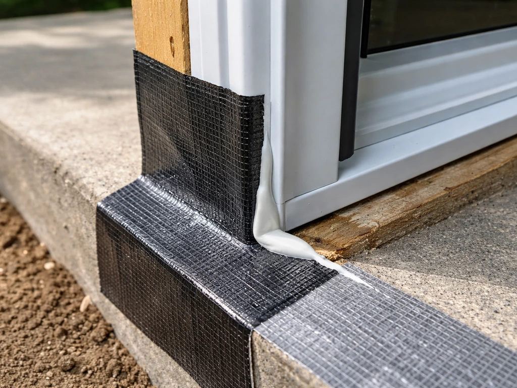Close-up of flashing tape and exterior sealant sealing a patio door frame to block drafts.