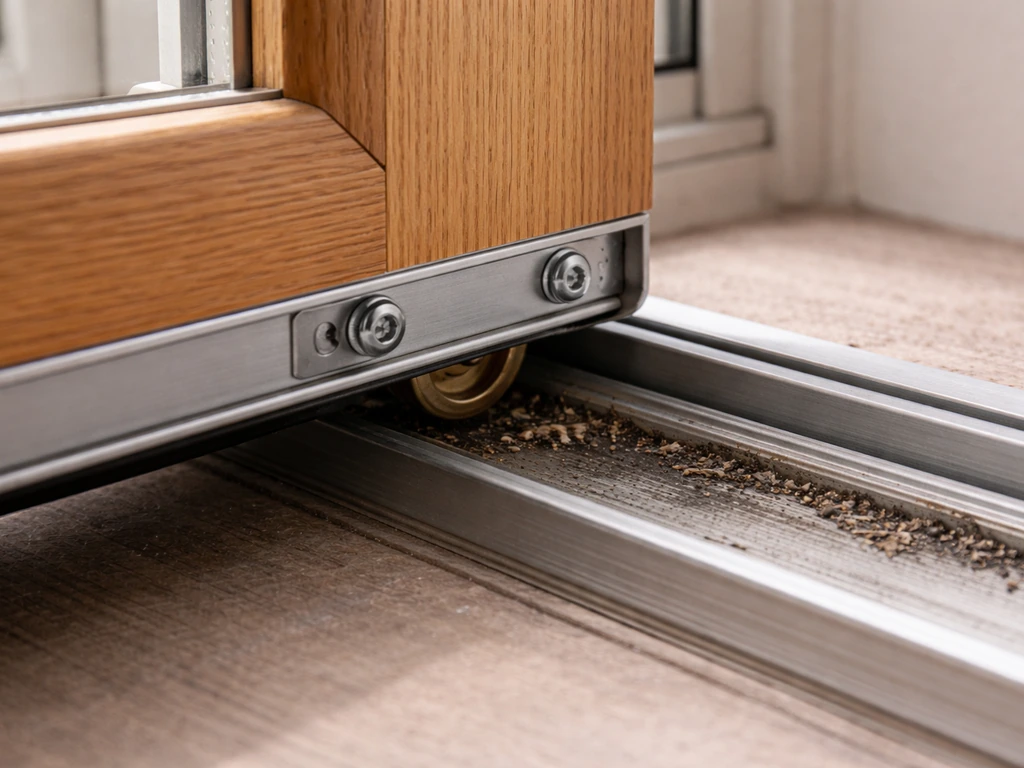 Close-up of a sliding patio door bottom panel with visible track and adjustment screws