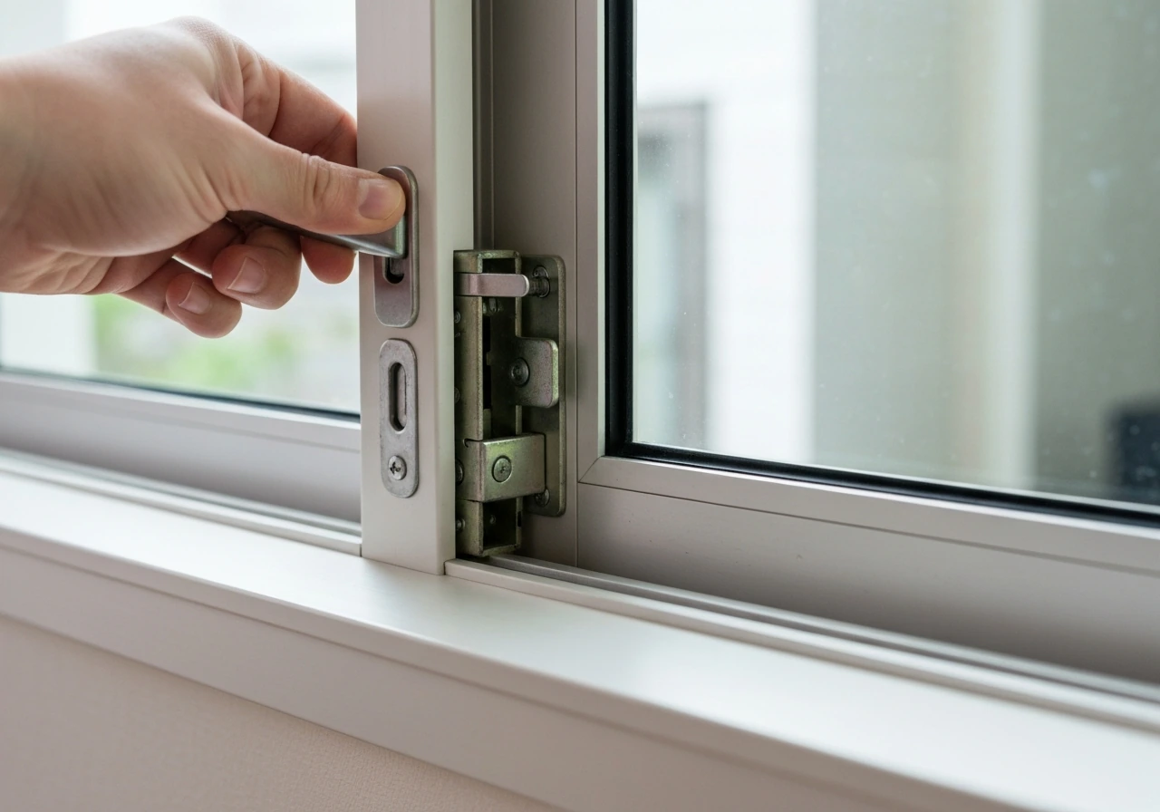 Close-up of an interior handle lifting on a sliding glass door as the single-point latch engages