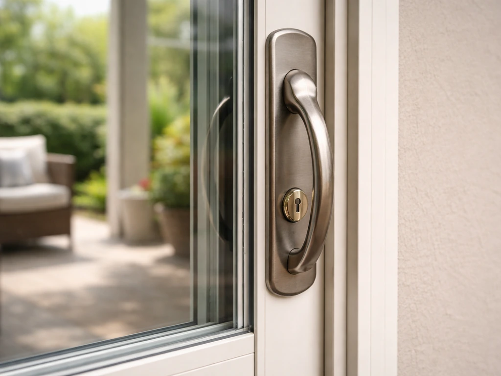 Outside view of a sliding patio door showing the exterior keyed cylinder and handle area