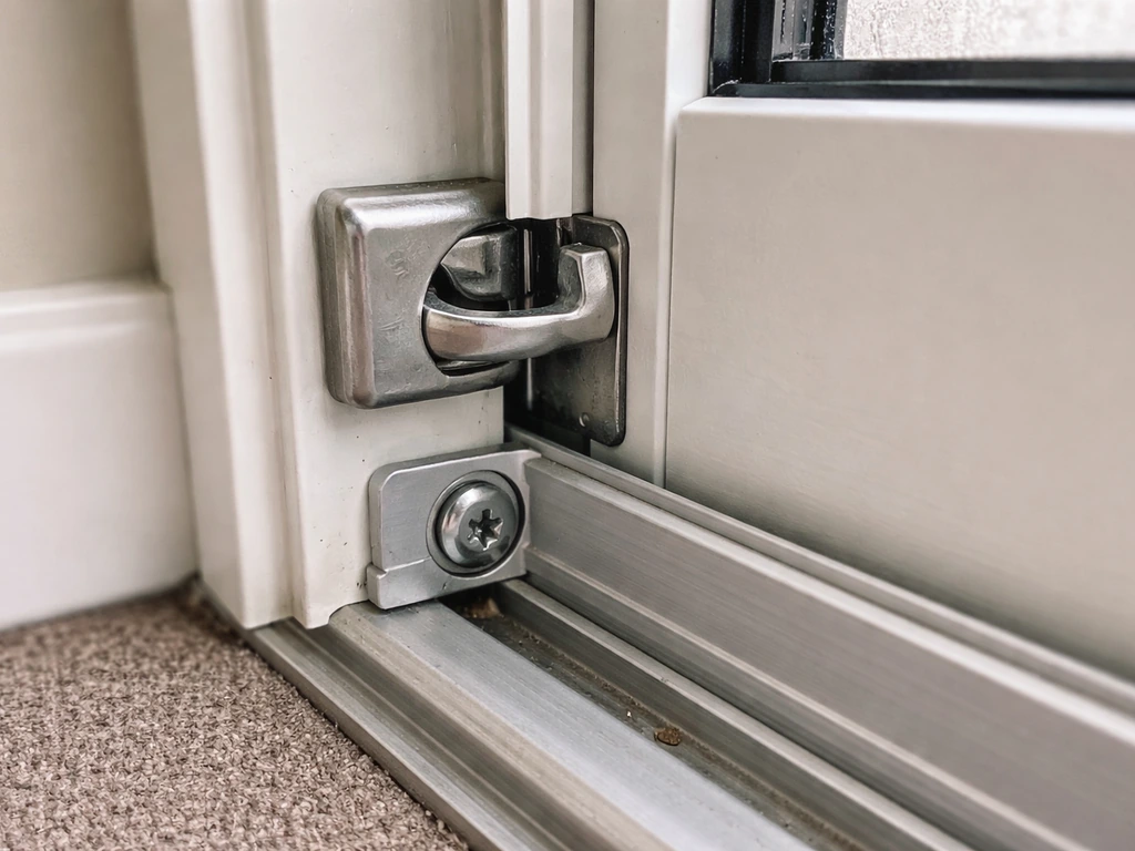 Close-up of misaligned latch and keeper on a sliding patio door with the roller adjustment area visible