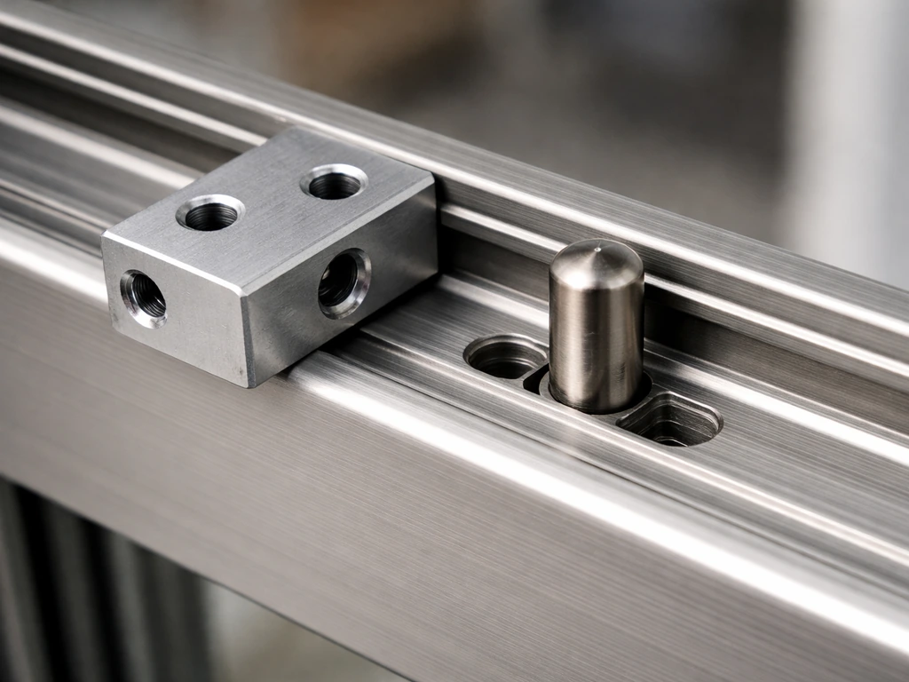 Close-up of an anti-lift saddle mount on a sliding door top track with drill guide nearby