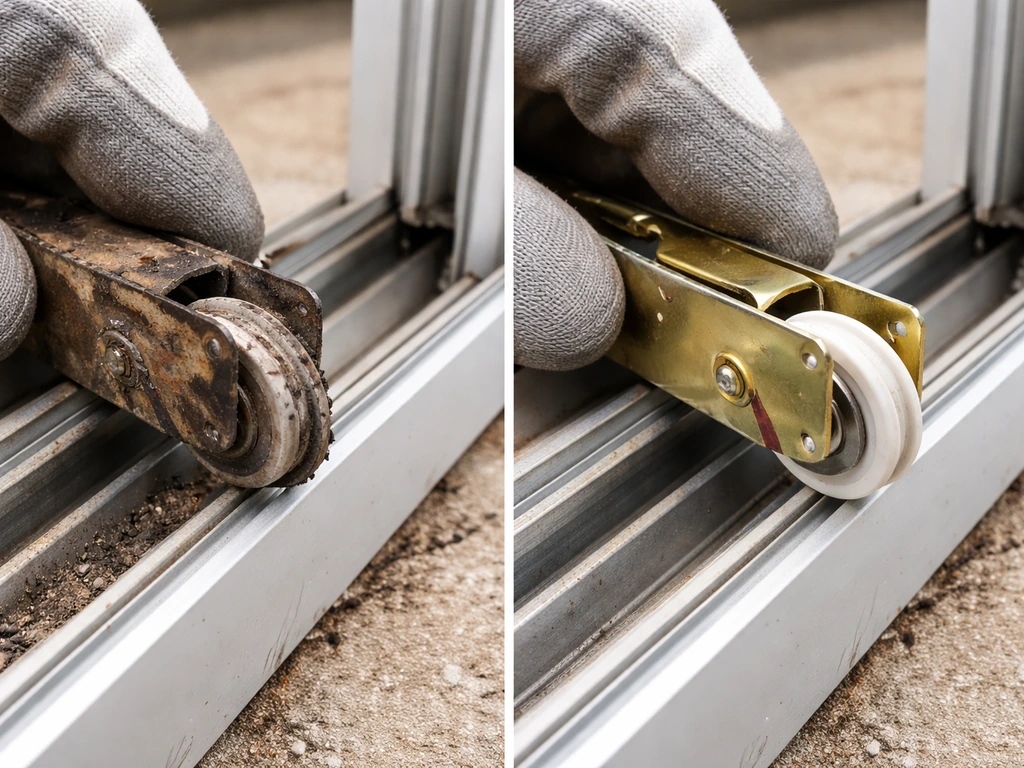 Close-up comparison of a cracked patio screen door roller being removed and a new one installed.