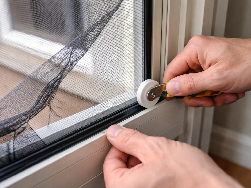Patio door screen mesh being removed and a new mesh set with spline in the frame groove