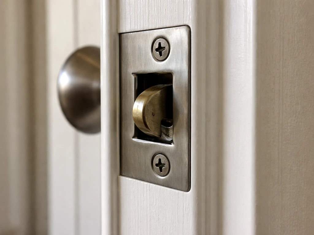 Close-up of a door latch fully engaged with the strike plate on the door frame.