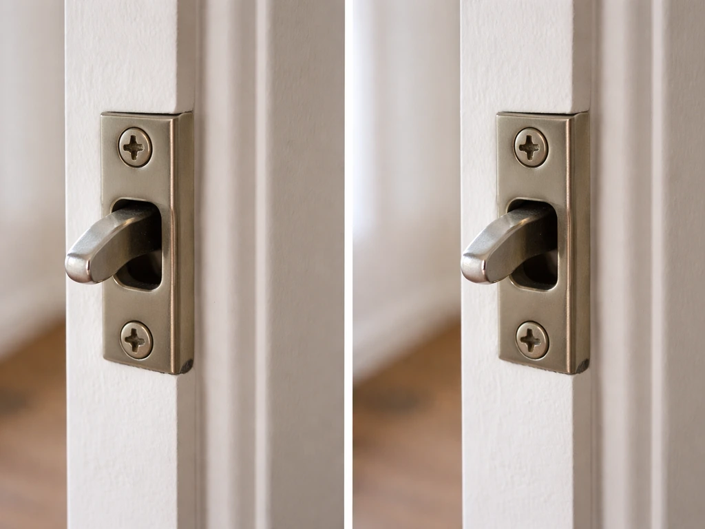 Close-up of a door latch hook missing a misaligned strike, then aligned strike plate seating it