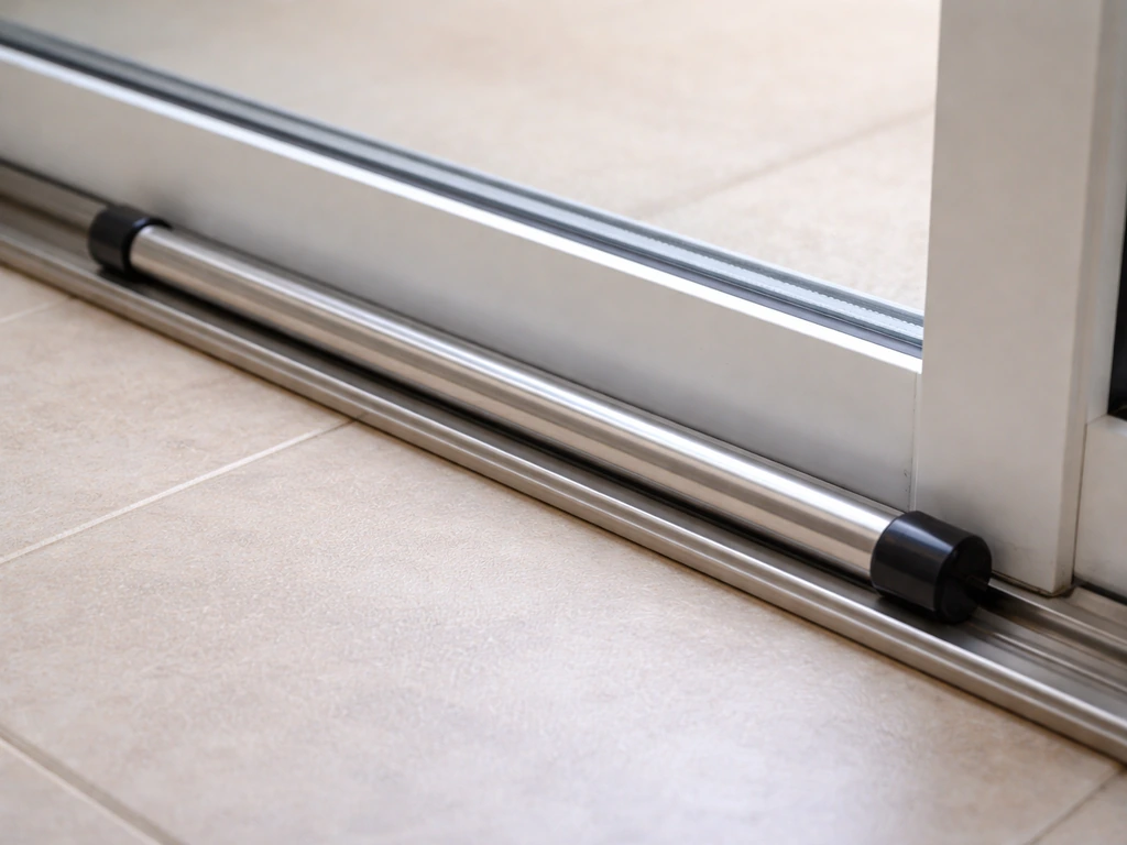 A metal security bar blocking a sliding door’s lower track behind the closed panel