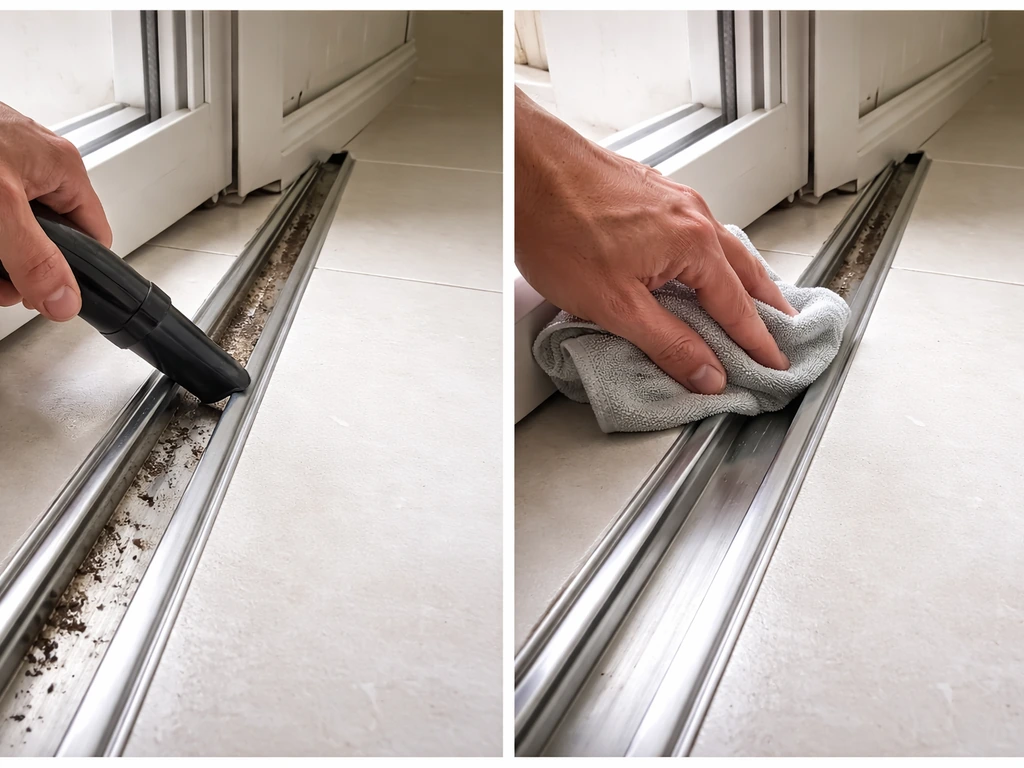 Hands vacuuming and wiping debris from a bottom sliding door track channel