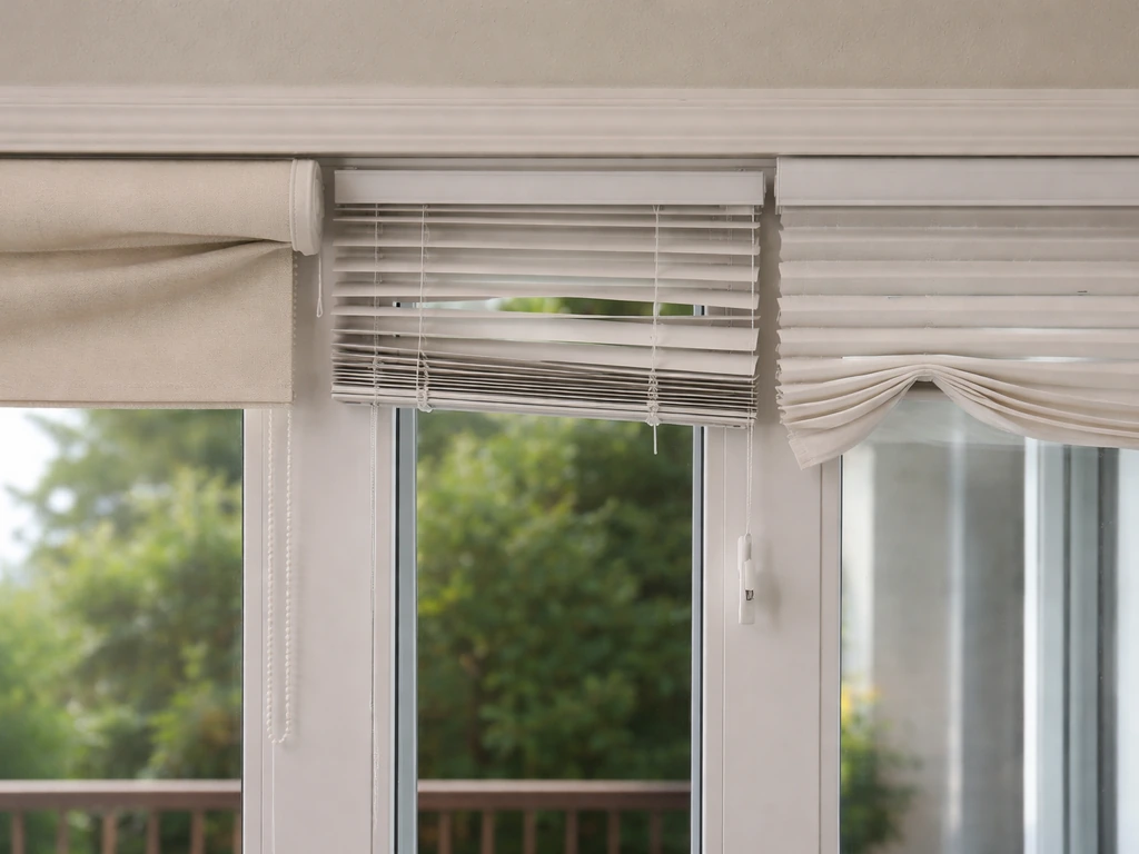 Close view of a patio door showing roller shade, mini slats, and pleated blinds with visible issues.