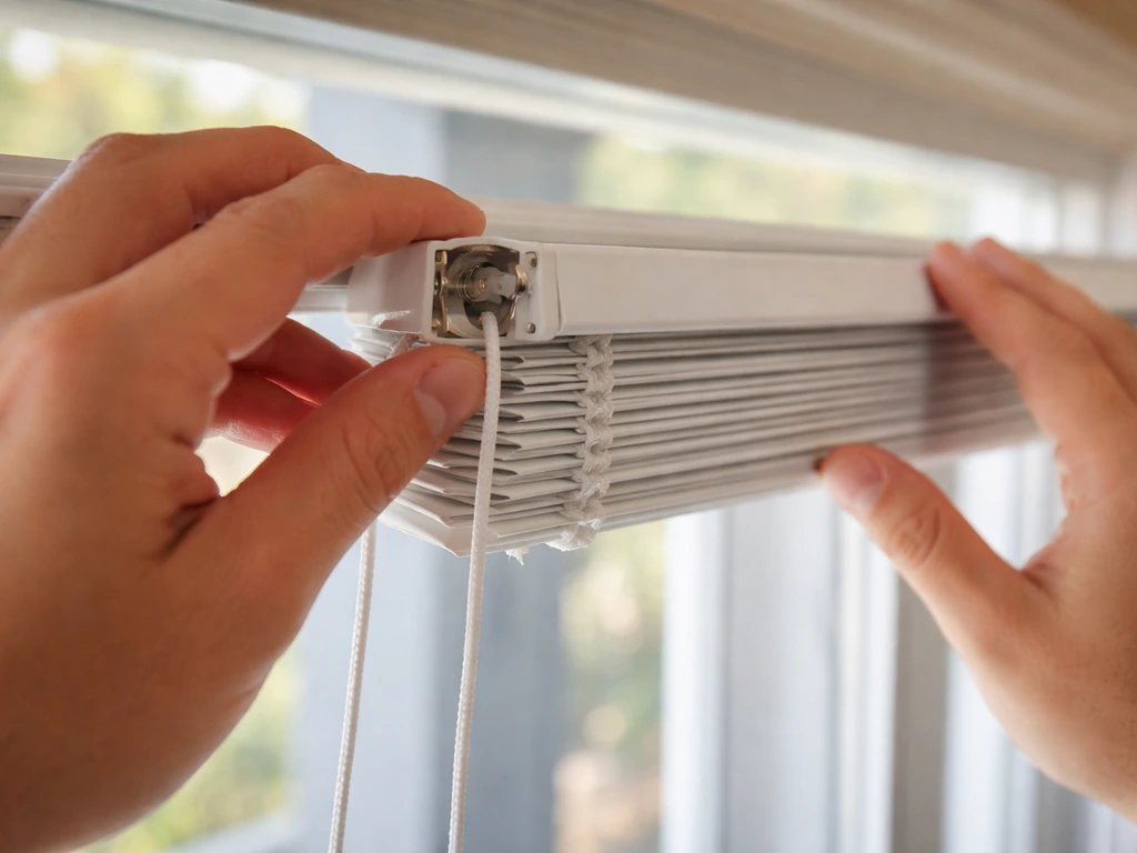 Hands checking the cord lock on a patio door blind that won’t move