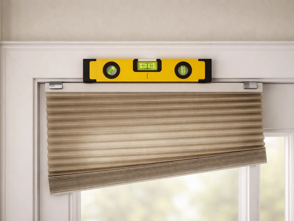 Uneven pleated blind on a door with brackets at different heights and a level showing correct alignment.