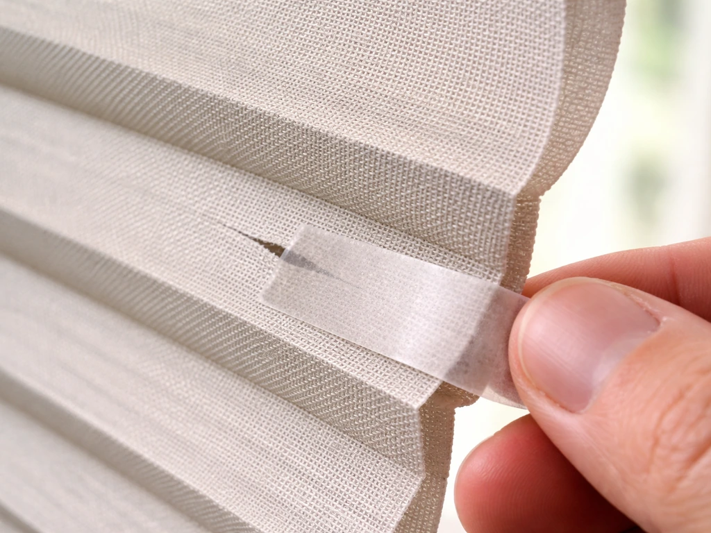 Closeup of a patio door shade fabric tear with repair tape pressed on the back side.