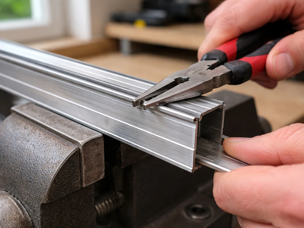 Aluminum headrail held in a vise as needle-nose pliers straighten a small bend on a workbench.