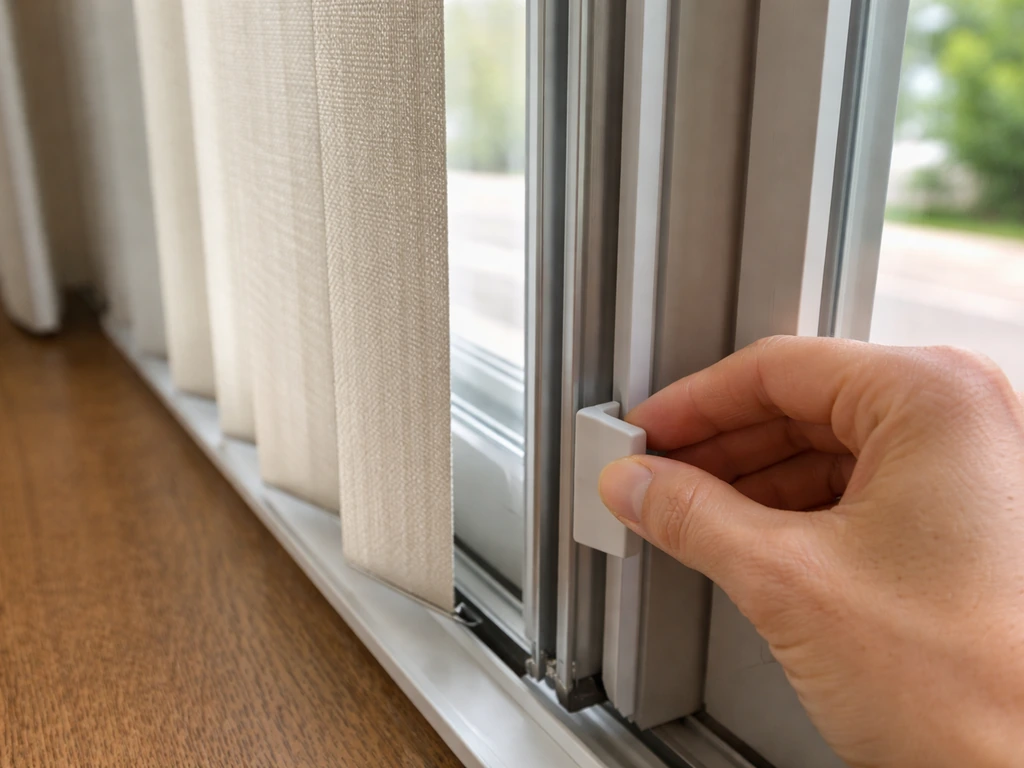 Hand adjusting the side guide track on a patio door sliding blind for smoother alignment
