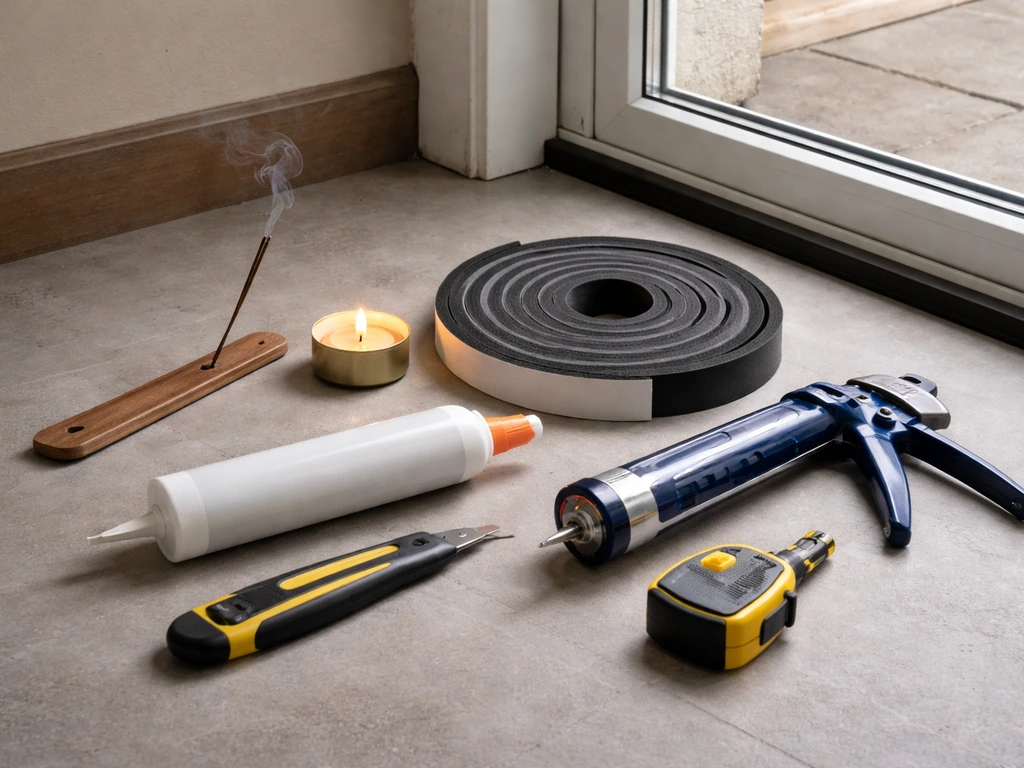 Lit candle and incense beside weatherstripping, caulk, and basic tools staged for winterization prep.