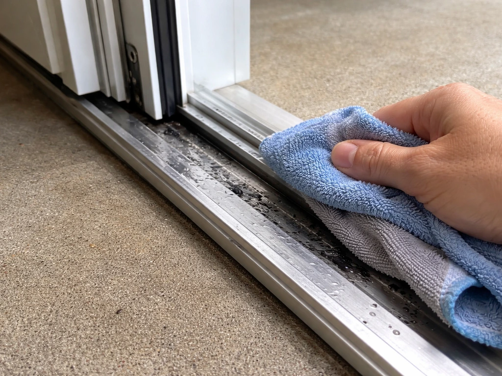 Close-up of a wet/dry cloth cleaning a sliding patio door track and frame.