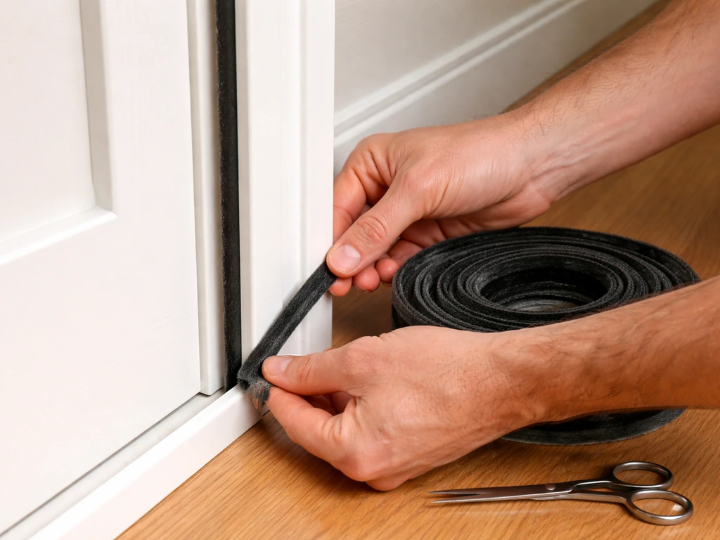 Hands cut and press black weatherstripping into a door frame channel from one end.