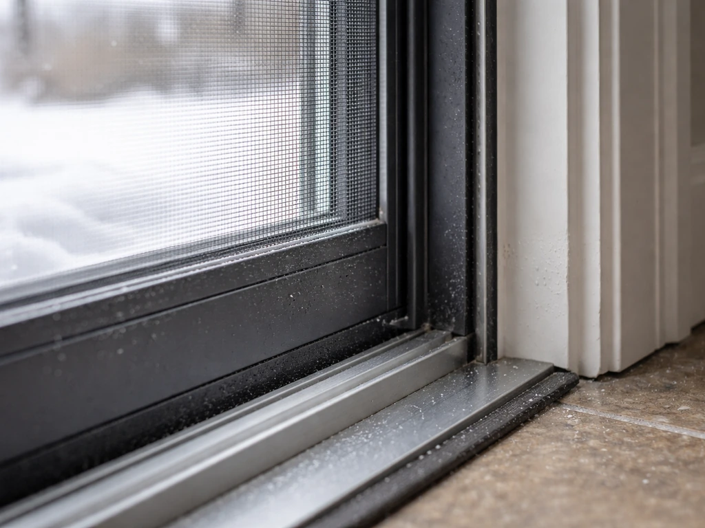 Close-up of a winterized screen door with weatherstripping sealing the edges and track to block drafts.