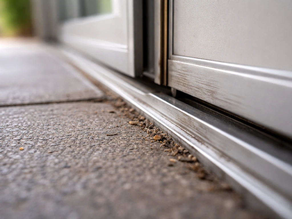 Close-up of a patio door bottom rail binding on the threshold with visible debris and dust.