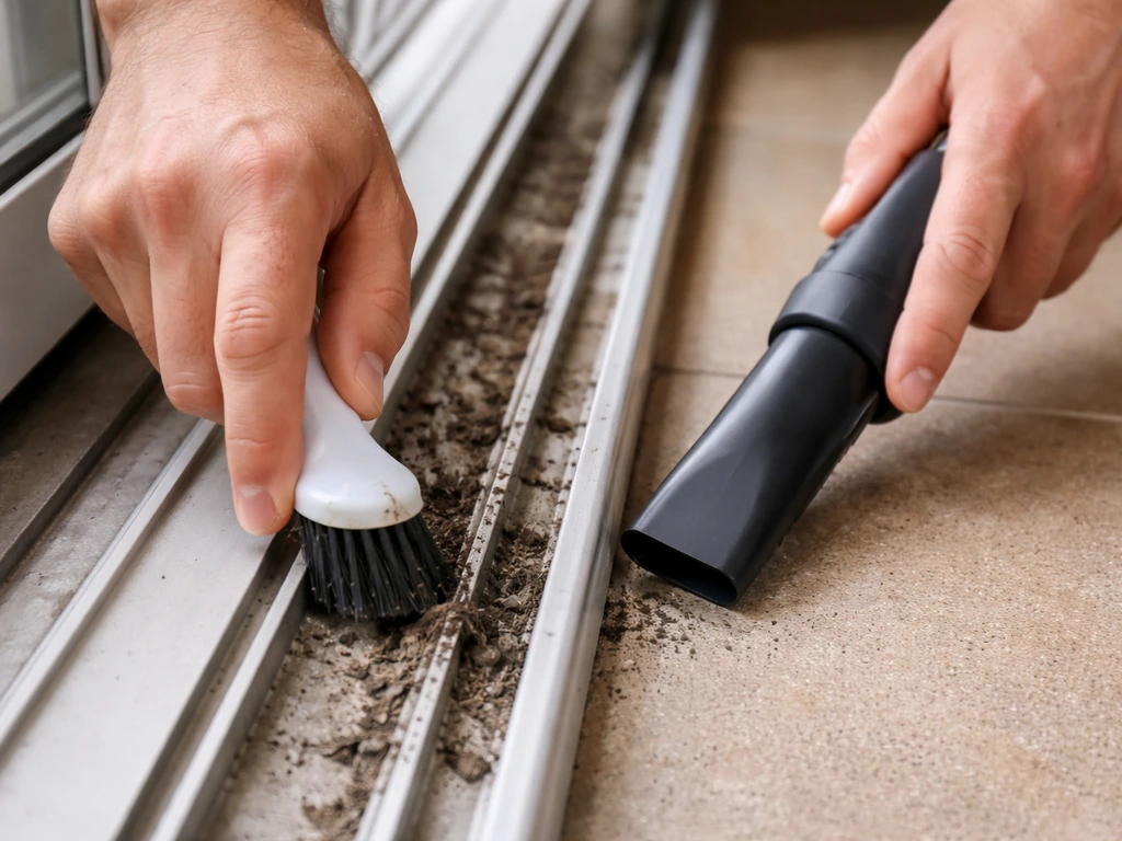 Close-up of a nylon brush scrubbing a sliding door bottom track while a vacuum nozzle cleans debris.