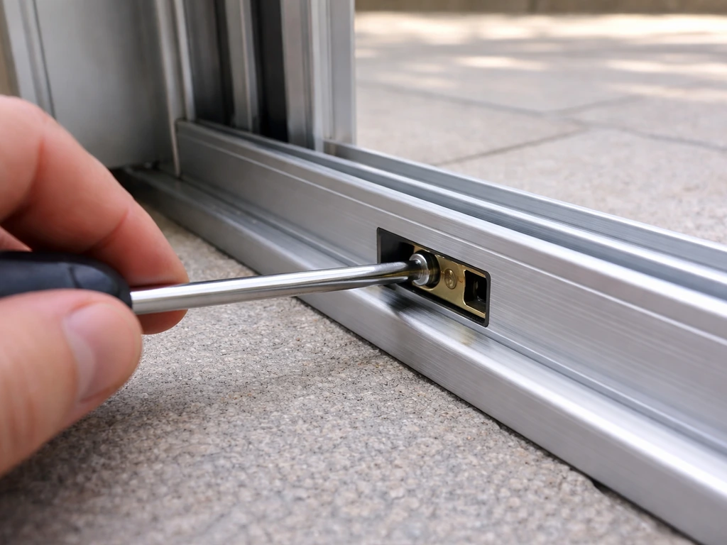 Close-up of a sliding patio door bottom rail as a screwdriver turns a roller adjustment screw.