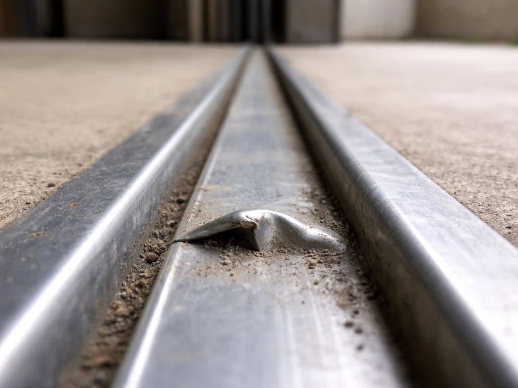 Camera-level view along a bottom metal track with a visible dent and raised edge