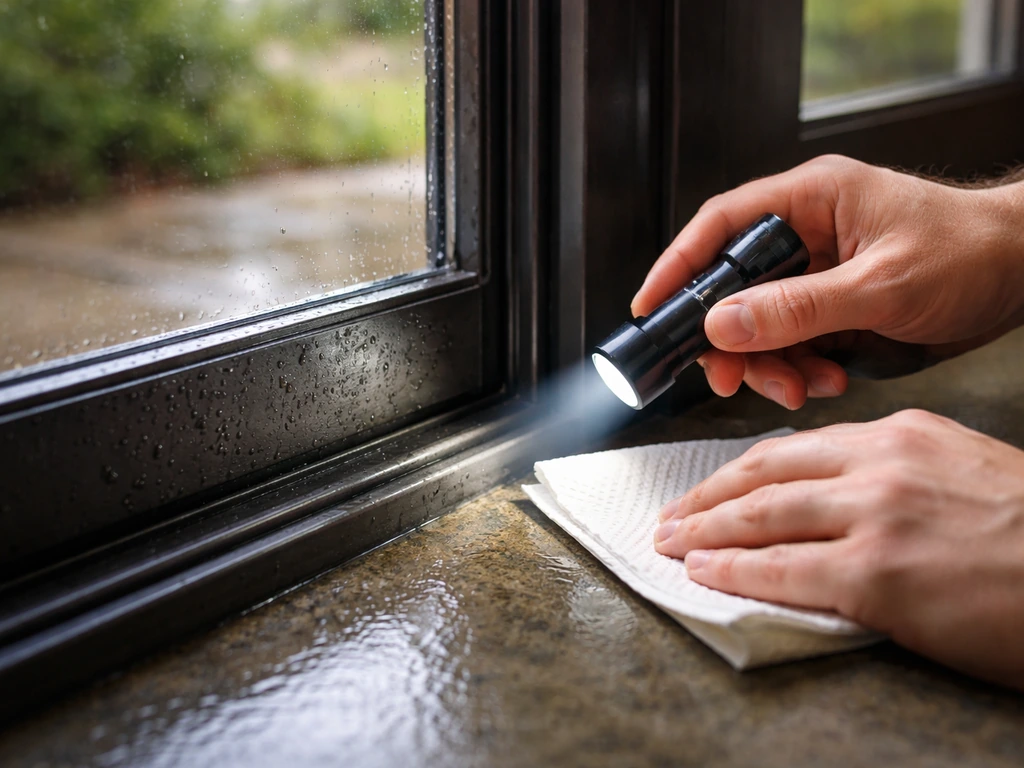 Flashlight and dry paper towel checking a French patio door sill for a wet water trail after rain.