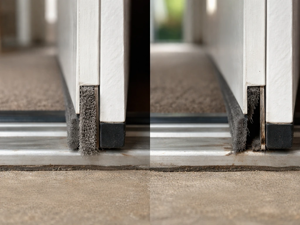 Close-up of a door’s weatherstripping showing intact vs worn/compressed seal with a gap.