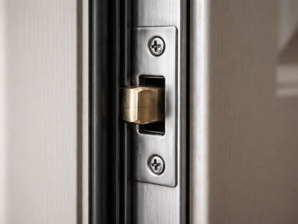 Close-up of a door strike plate and meeting rail with aligned hardware and no visible daylight.