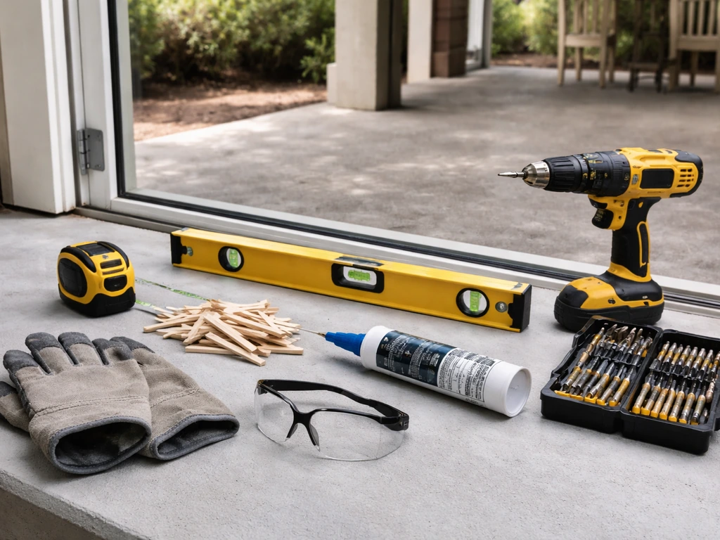 Toolkit for installing a patio door laid out: tape measure, 4-foot level, drill/bit set, shims, sealant, gloves, safety