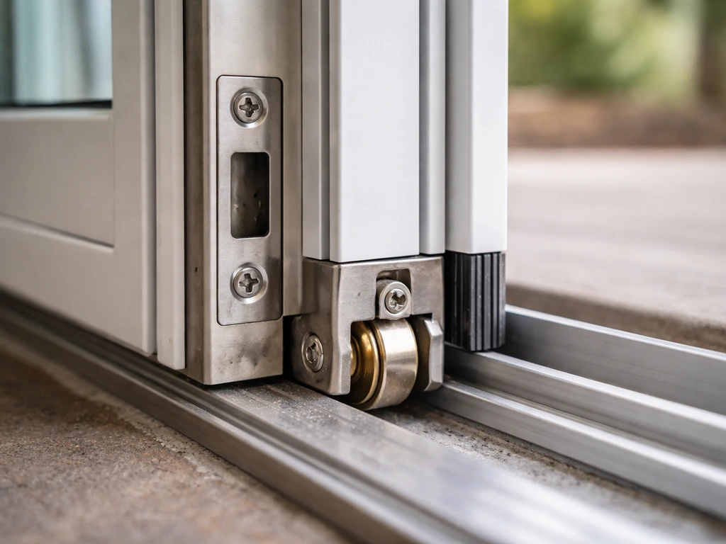Close-up of a sliding patio door’s bottom roller adjustment screws and lock strike area, door slightly closed