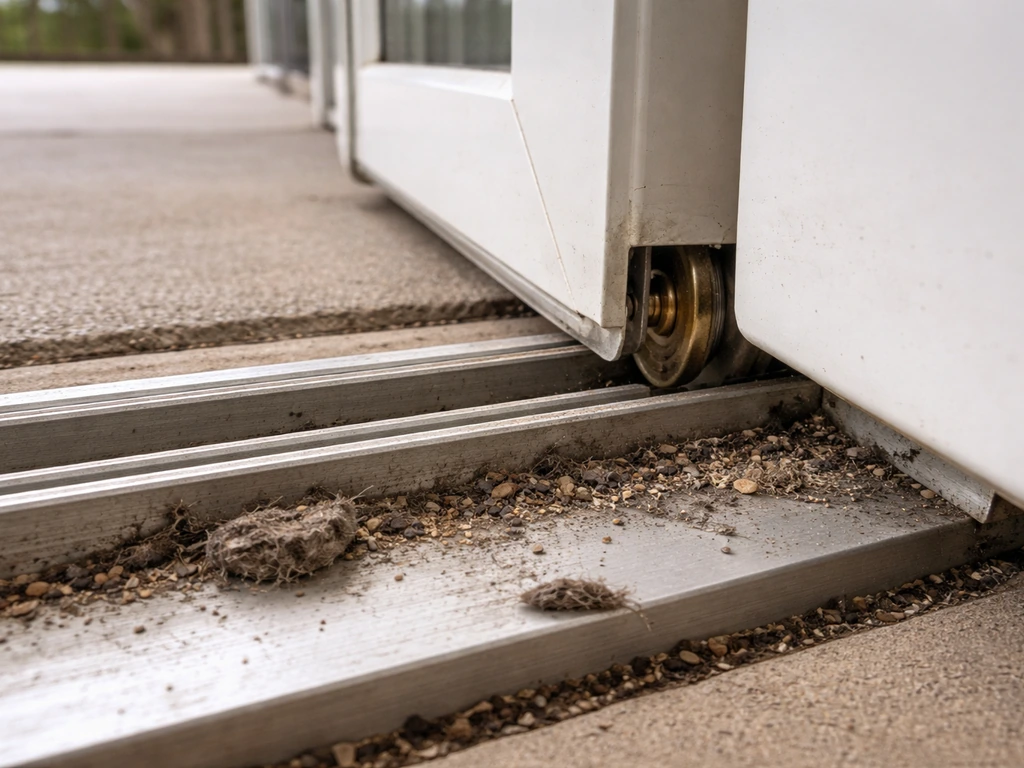 Close-up of a sliding patio door bottom track with debris near the roller contact area causing sticking.