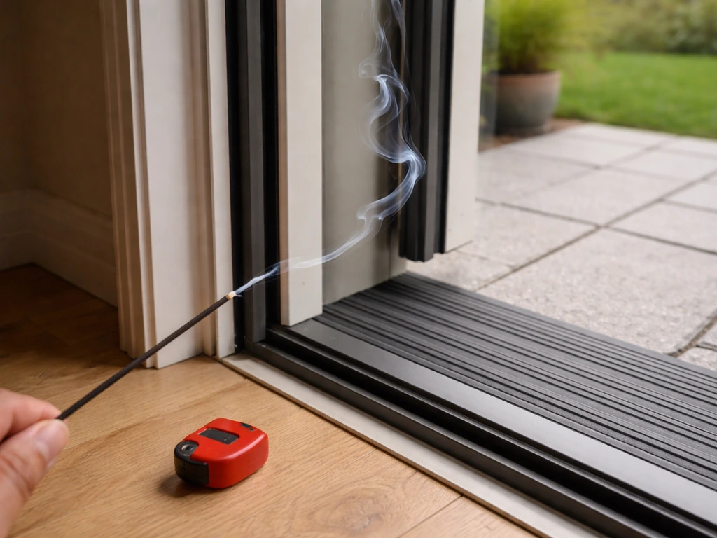 Incense smoke tracing along a weatherstripped doorframe to reveal air leaks.