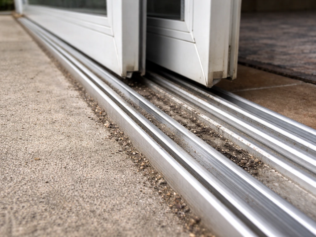 Close-up of a patio sliding door track area as the door is moved, showing sticking or wobble points.