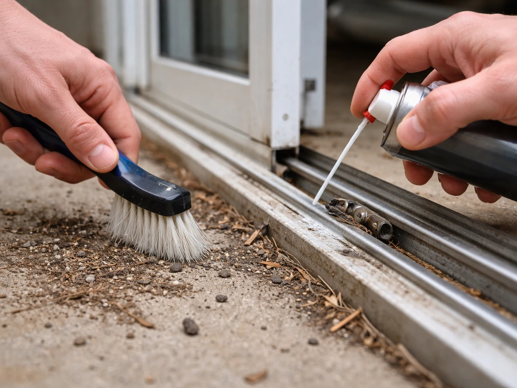Hand cleaning debris from a patio door track, then applying lubricant to the rollers