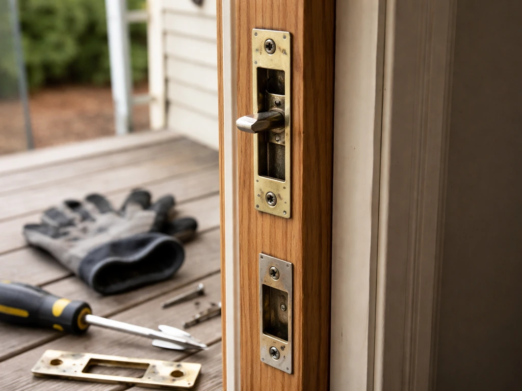 Close-up of an open patio door edge showing a removed latch assembly and strike plate alignment area.