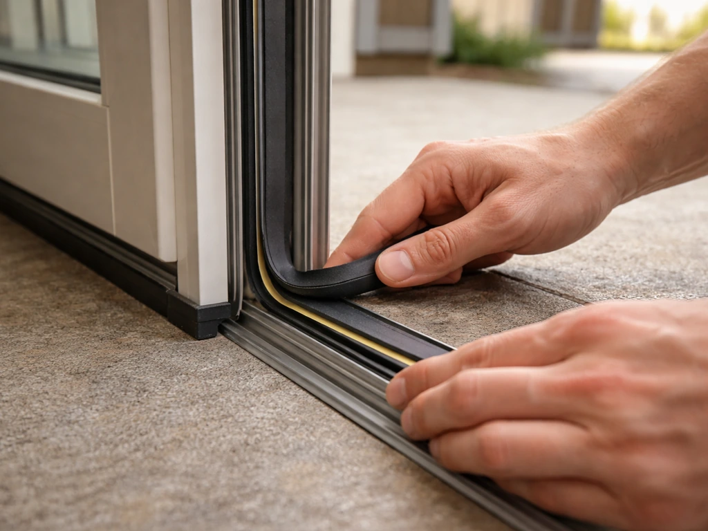 Hands installing new weatherstripping along a patio door frame to stop drafts.
